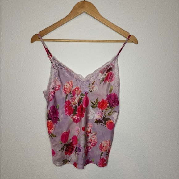 Victorias Secret Floral Print Lace Spaghetti Strap Flowy Tank Top Purple Pink - Picture 2 of 6